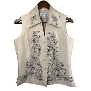 Cream Floral Embroidered Sleeveless Blouse